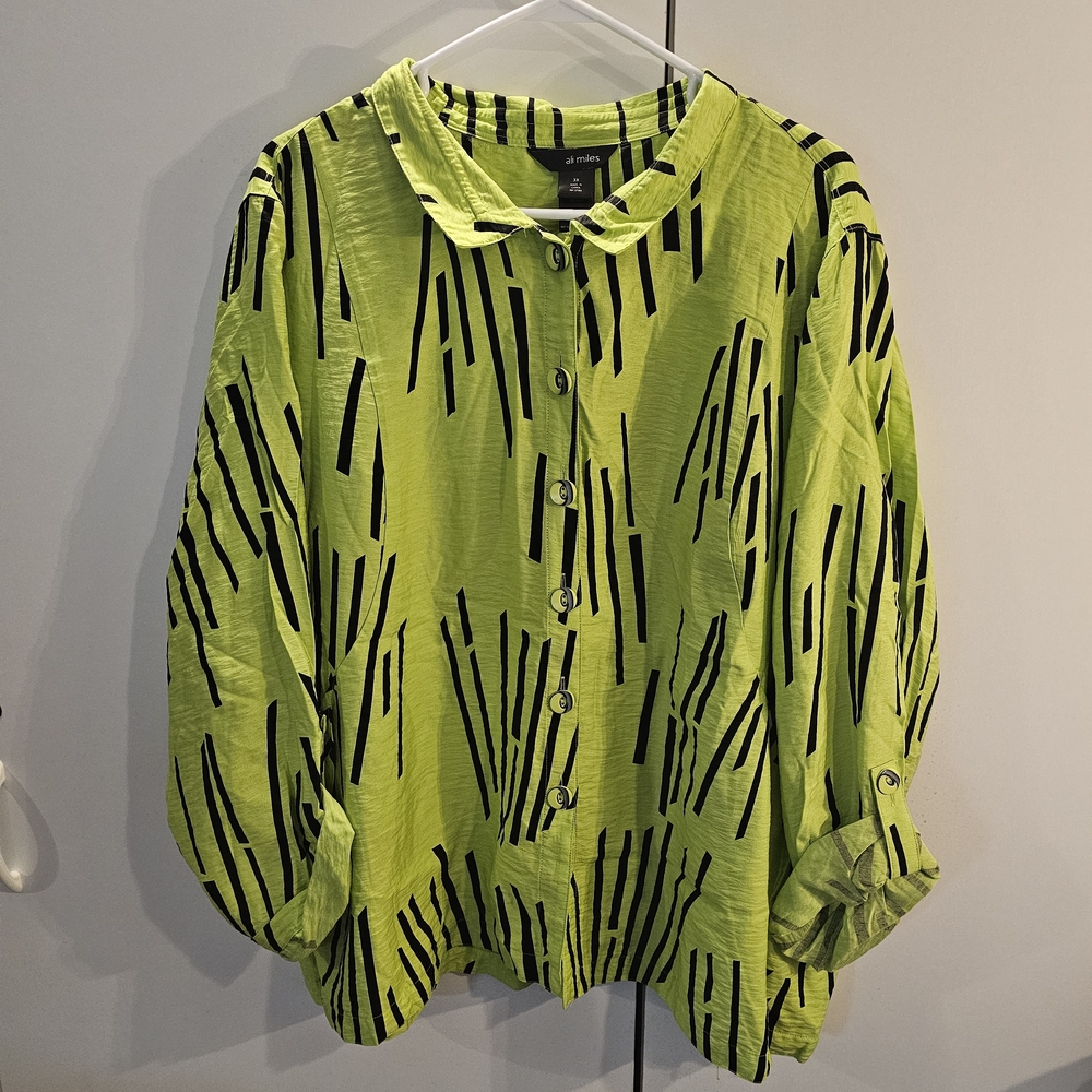 Ali Miles Lime Green Button-Front Abstract Stripe Blouse